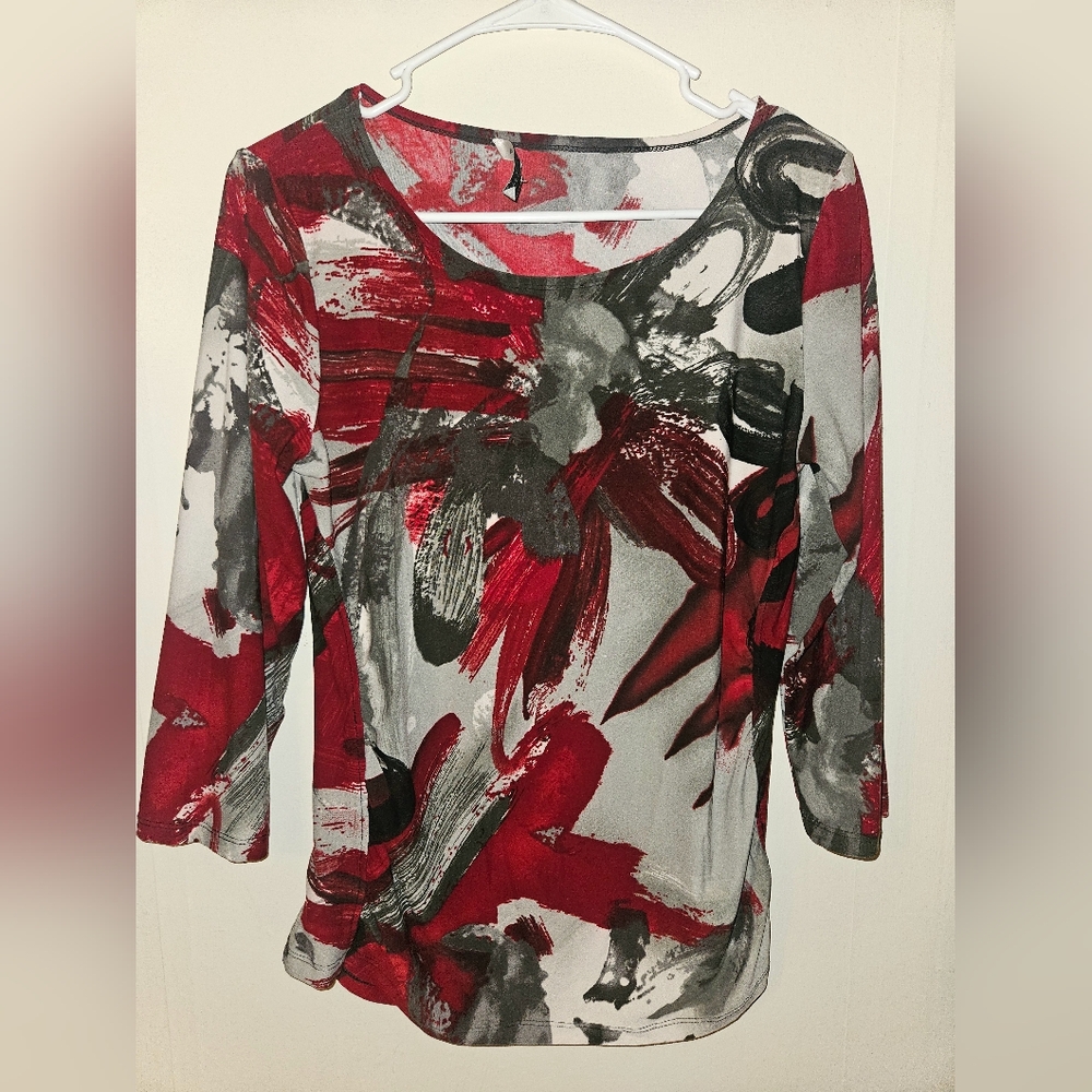 Floral Red and Gray Long Sleeve Top